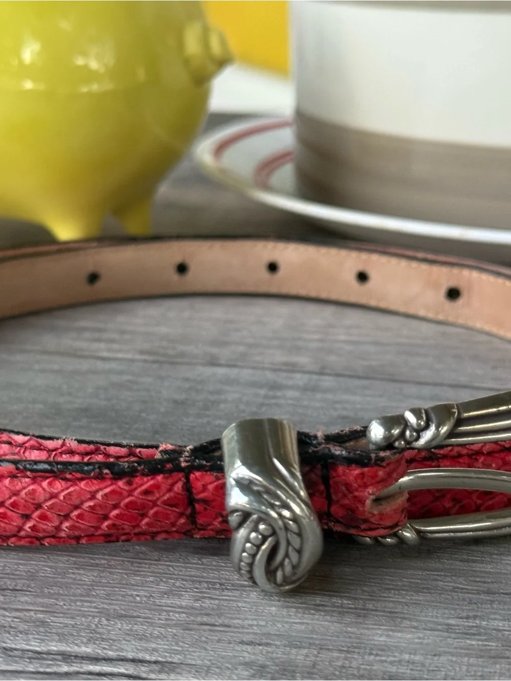 Brighton Pink-Red Snakeskin Leather Belt with Silver-Tone Braided Buckle